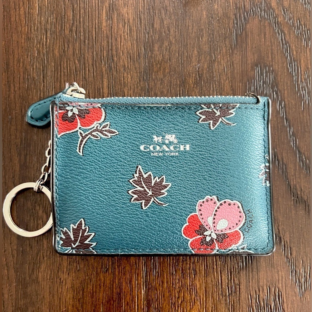 Coach Teal Floral Key Card Holder with Red & Pink Accents